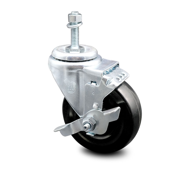 4 Inch Hard Rubber Wheel Swivel 10mm Threaded Stem Caster with Brake SCC